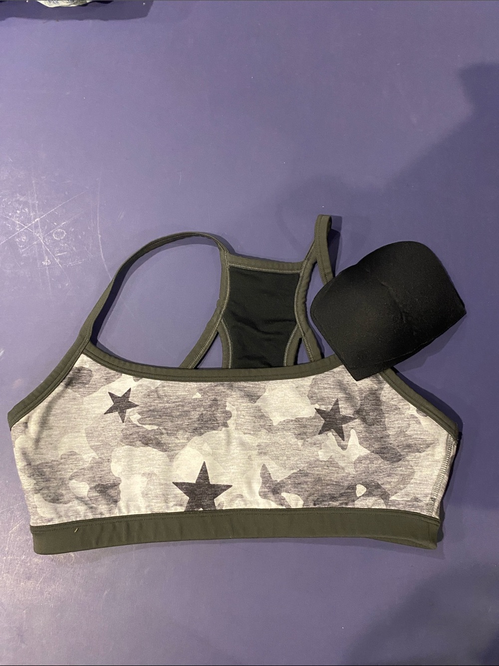 GAP Gray Camo Star Sports Bra with Olive Trim